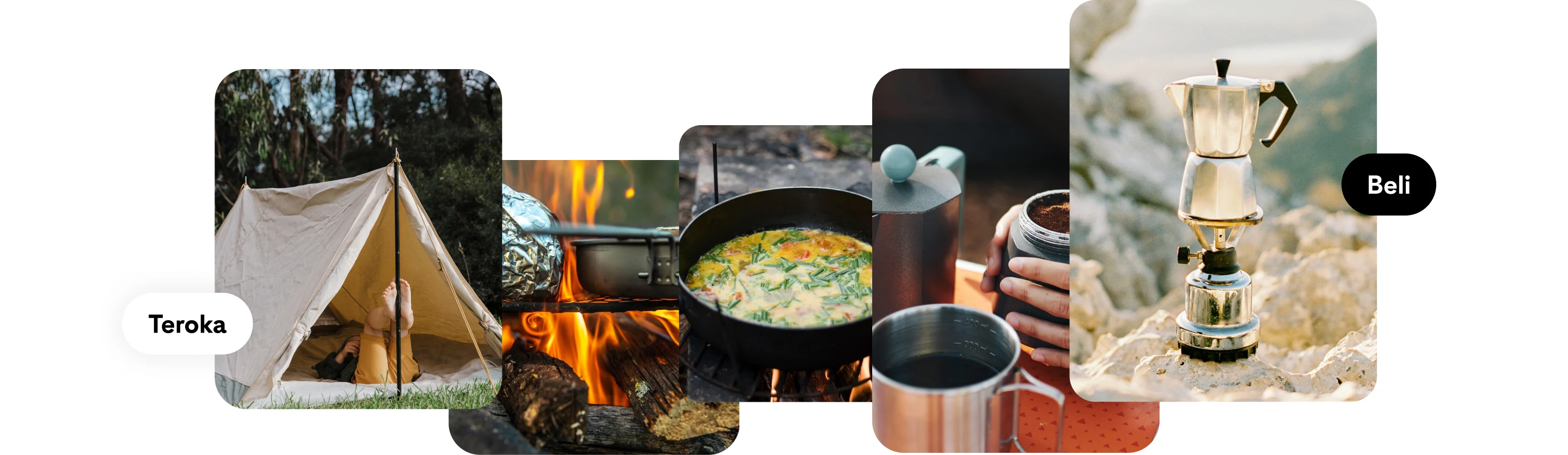 Kolaj imej pengembaraan luar termasuk khemah di dalam hutan, memasak di atas unggun api dan pembancuh kopi tangan di pantai berpasir dengan butang "Teroka" dan "Beli".