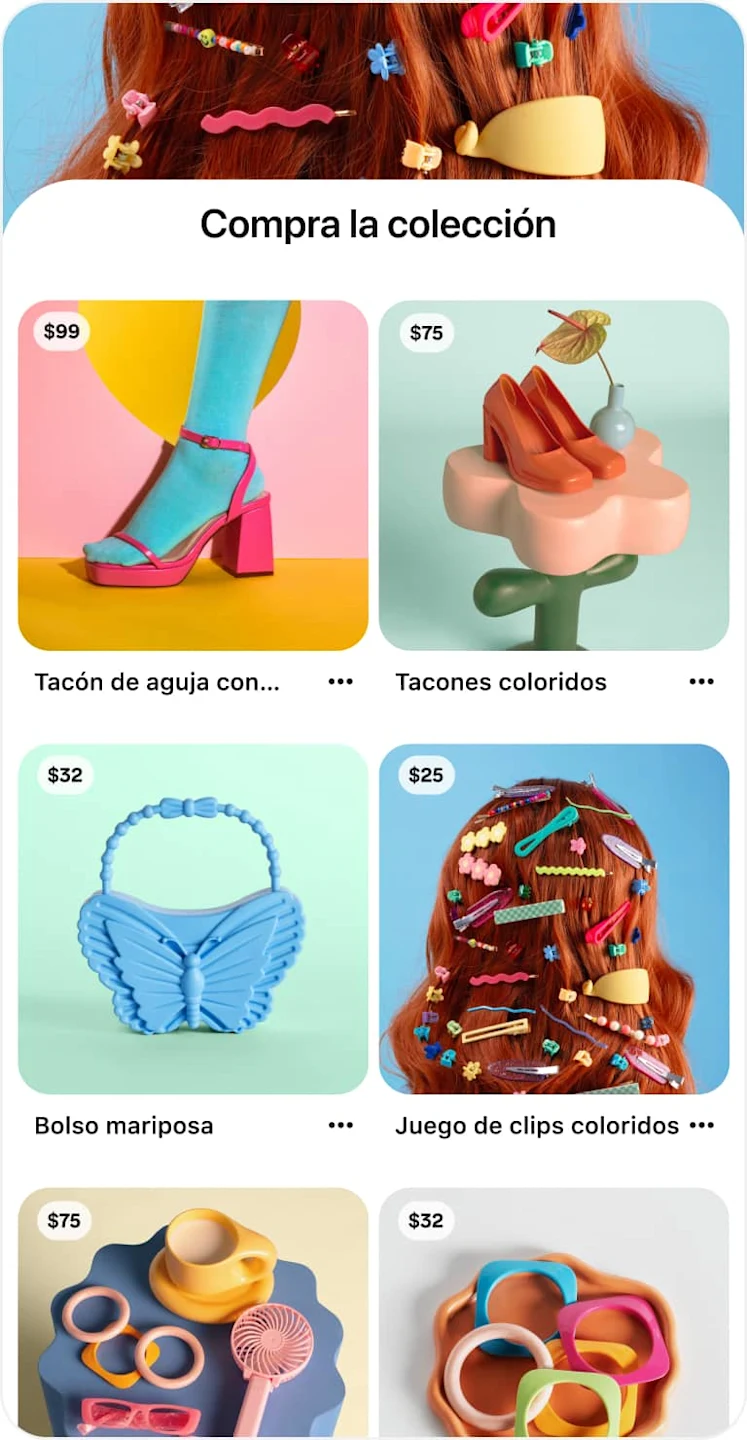Una colección de Pines de productos de una marca de accesorios.