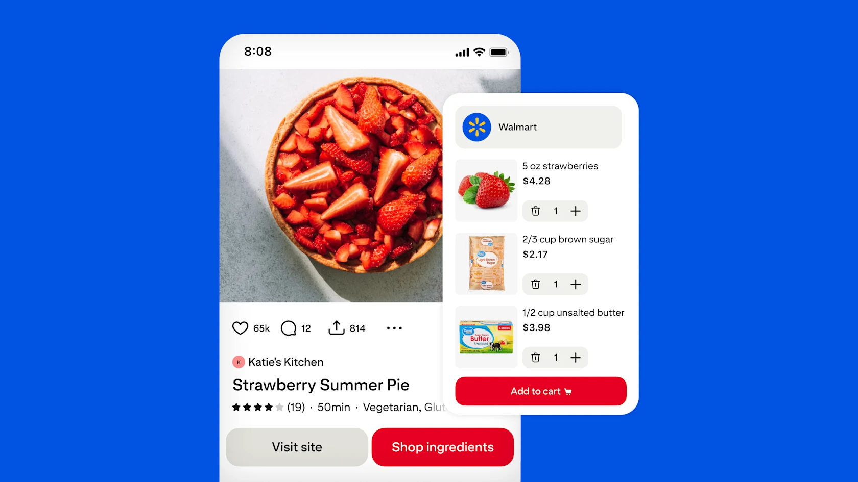 A phone screen shows a user adding the ingredients for a strawberry pie to their cart on Walmart.com, directly from the Pinterest app