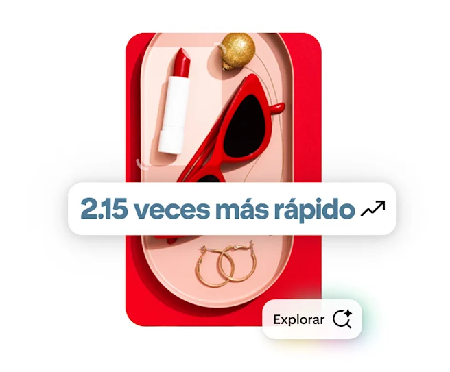 Un Pin en el que se muestra a un hombre con un sombrero azul y audífonos blancos. Las palabras “2.15 veces más rápido” y “explorar” también aparecen superpuestas.