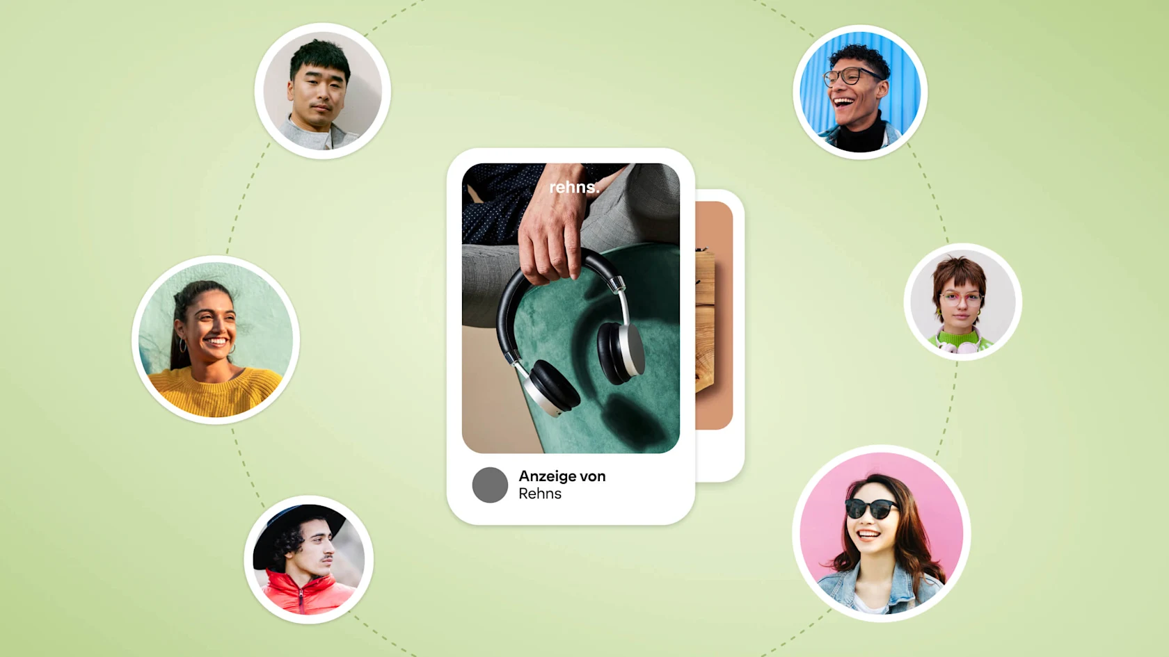 Ein Produkt-Pin, der Kopfhörer zeigt, ist von Profilfotos auf grünem Hintergrund umgeben.