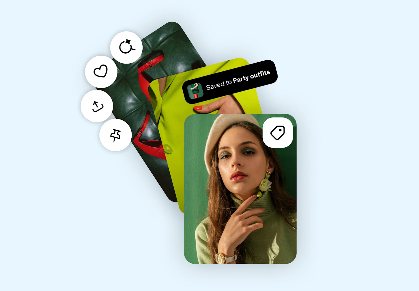 A Pin of a woman in a beige beret and green turtleneck being saved to a "Party outfits" board, overlaid on a fashion flat lay featuring a green leather jacket and red shoes, with Pinterest action icons visible.