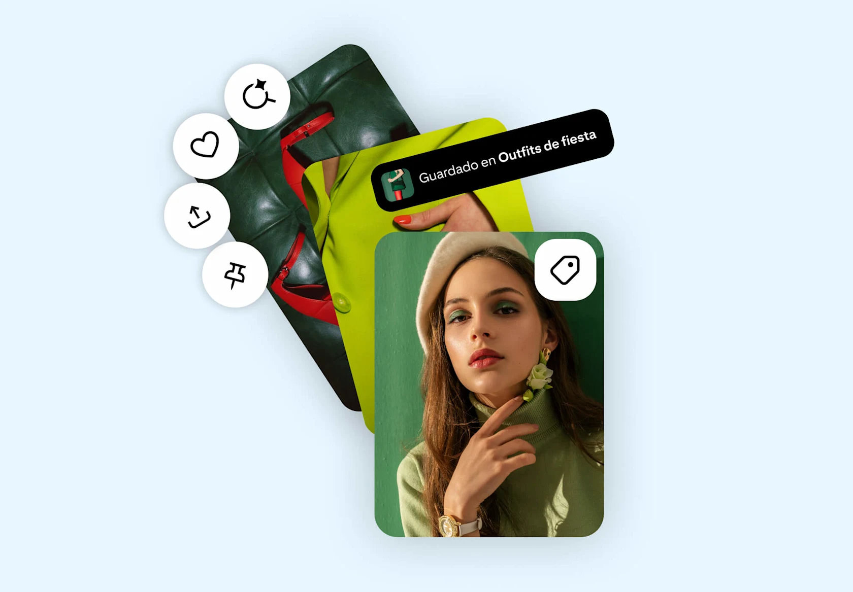Un Pin de una mujer con boina beige y un suéter de cuello de tortuga verde guardado en un tablero de "Outfits de fiesta", superpuesto sobre un tejido de moda, mostrando una chaqueta de cuero verde y zapatos rojos, con iconos de acción de Pinterest visibles
