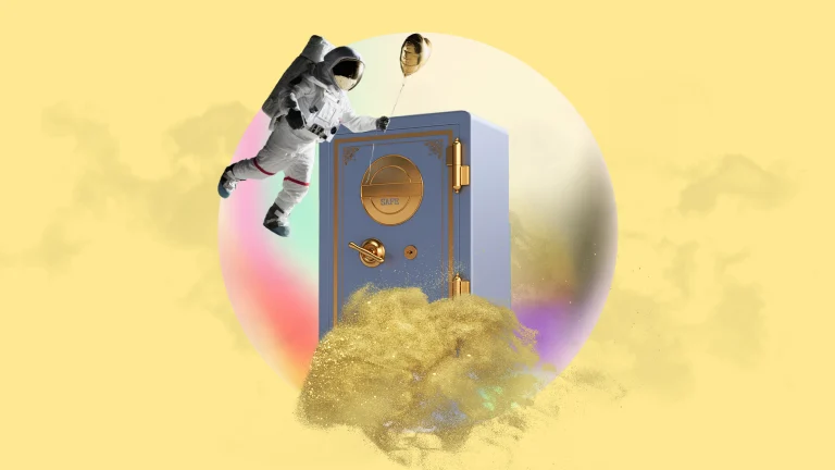 Collage featuring an astronaut in space gear holding a balloon, with an antique bank safe and gold dust cloud floating within a colorful bubble.