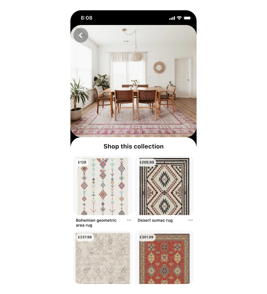 Mobile view of a collections ad for rugs. The ad creative is of a dining table with a large vintage-style area rug beneath it. Below it are four images showing rugs of a similar style but with varying designs and prices.