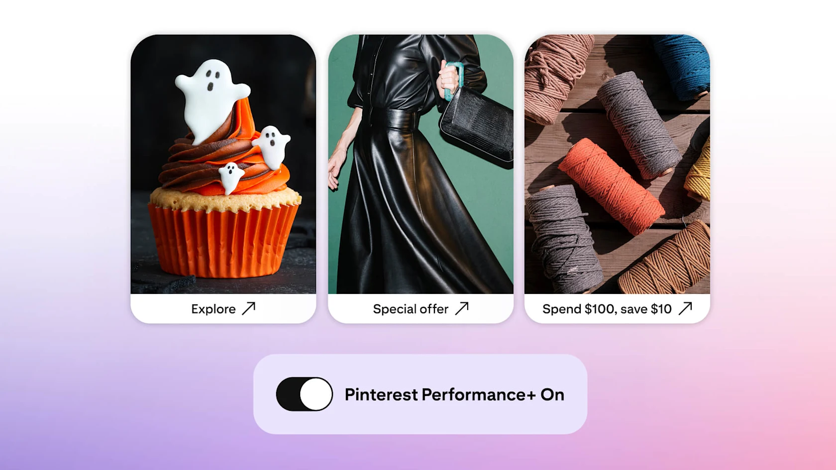 Halloween-themed cupcake with ghost toppers, a model in a black leather outfit holding a handbag, and colorful yarn bundles; Pinterest Performance+ toggle shown below.