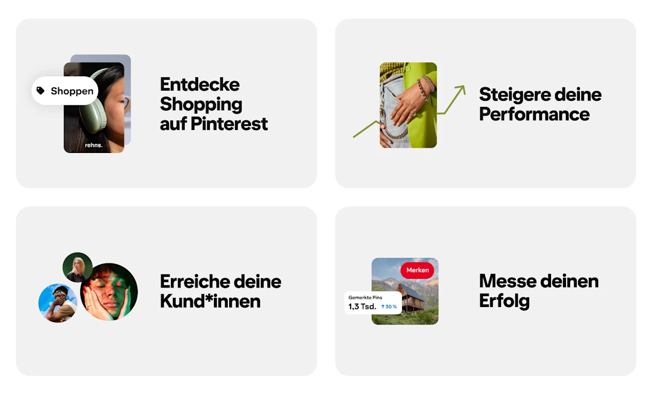 Ein Bild der vier Lernpfade: „Entdecke Shopping auf Pinterest“, „Steigere deine Performance“, „Erreiche deine Kund*innen“ und „Messe deinen Erfolg“.