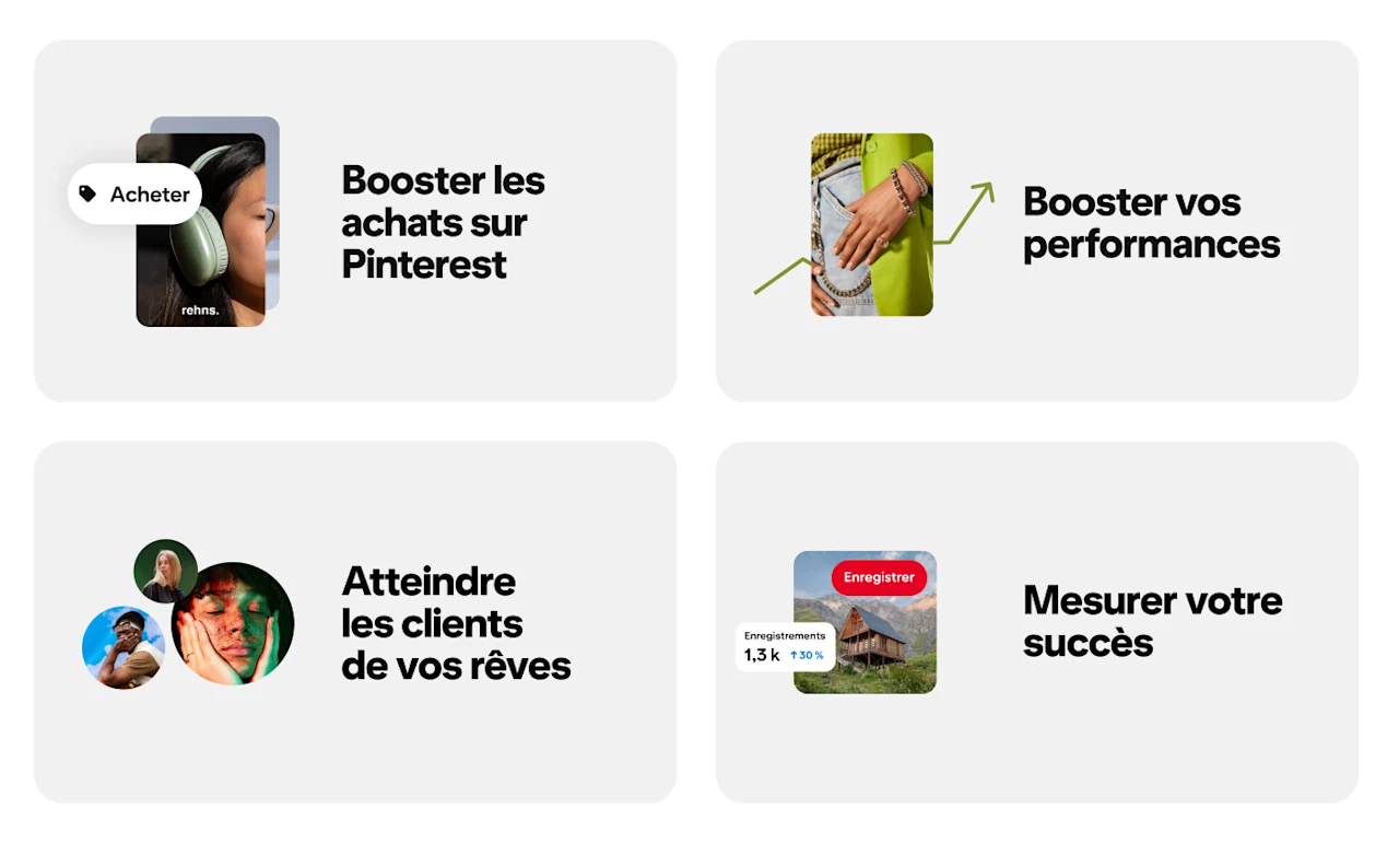 Une représentation des quatre parcours d’apprentissage : Booster les achats sur Pinterest, Booster vos performances, Atteindre les clients de vos rêves et Mesurer votre succès.
