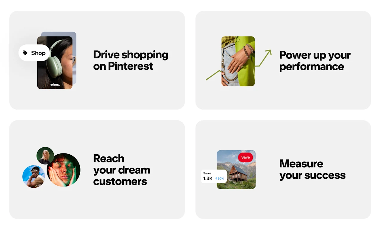 A depiction of the four learning paths: Drive shopping on Pinterest, Power up your performance, Reach your dream customers and Measure your success.