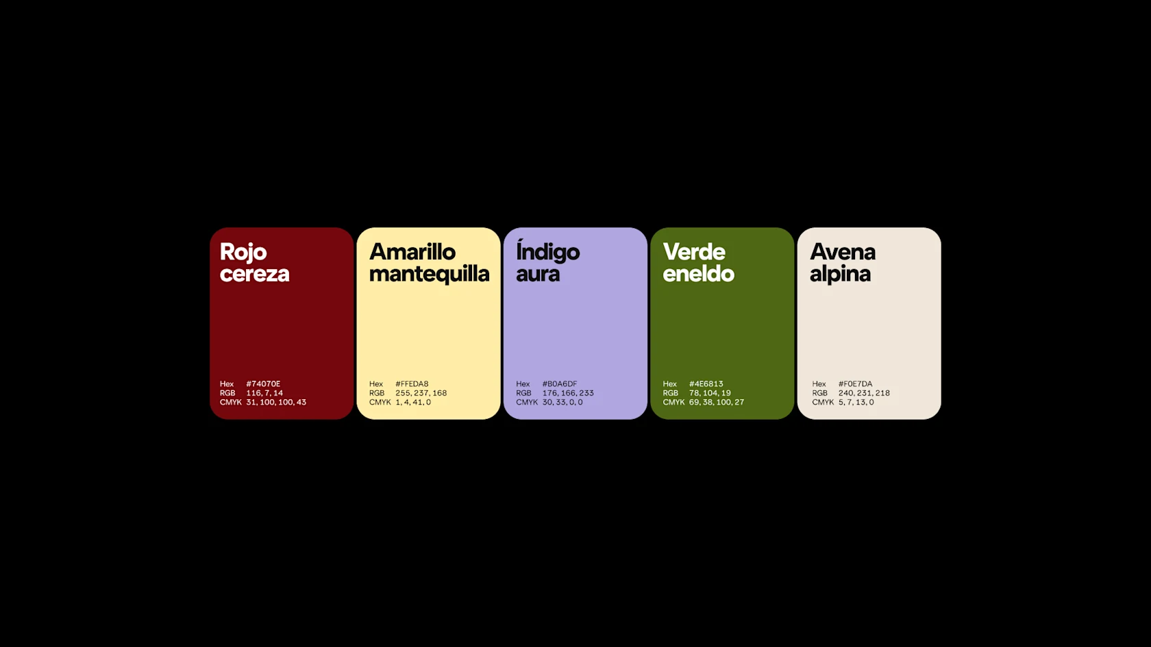 En las muestras, se ven los 5 colores de la Paleta de Pinterest con códigos hex y valores RGB y CMYK.