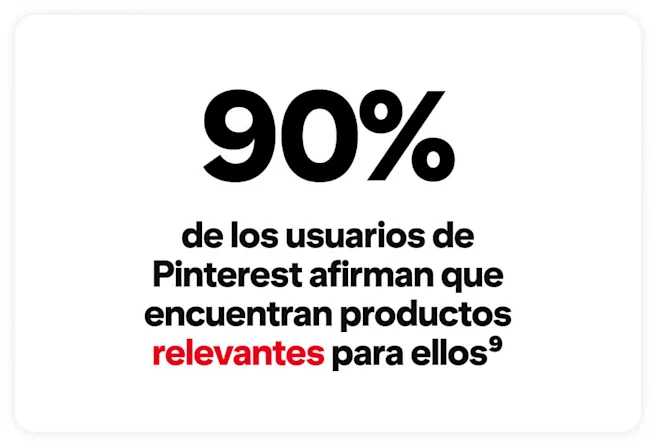 El texto “El 90% de los usuarios de Pinterest dicen que encuentran productos relevantes para ellos” está en fuente negra y roja.