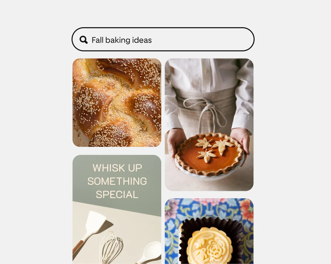 Pinterest home feed of four Pins showing Challah, a White woman holding a pie, a whisk ad and a highly-detailed cookie.