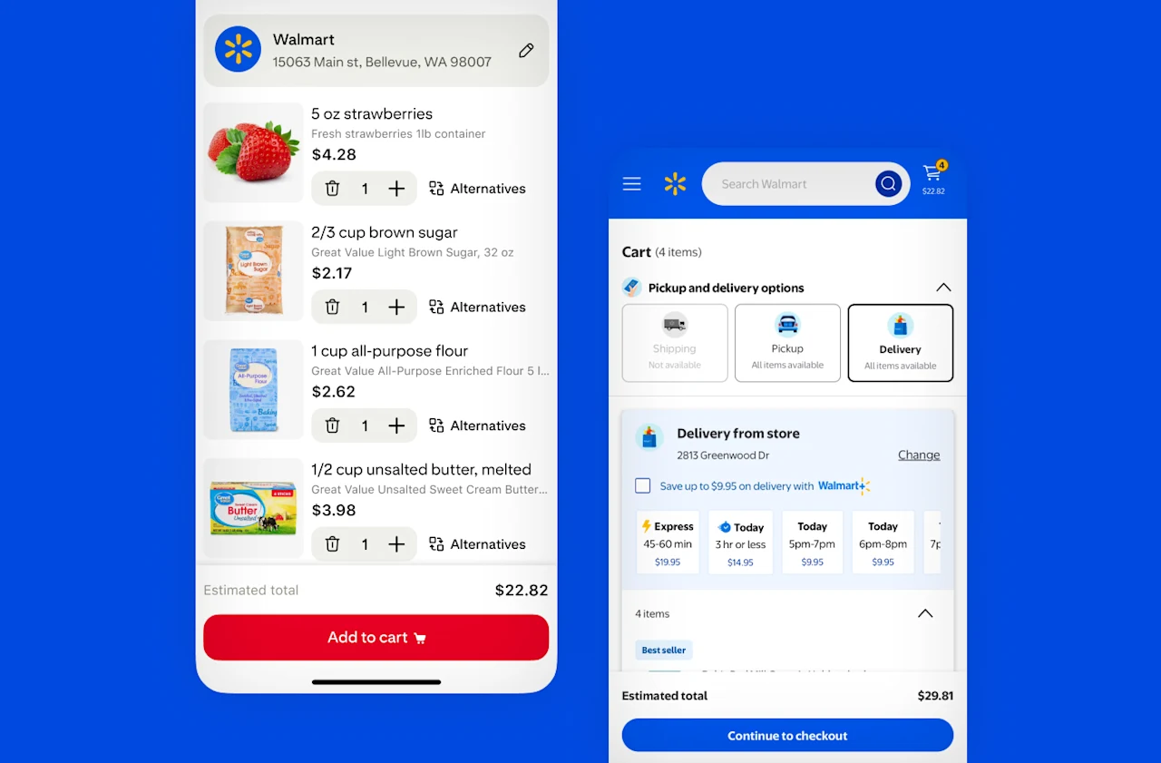 A phone screen shows an online shopping cart full of ingredients for a strawberry pie. The next screen shows the checkout page to purchase the ingredients for delivery on Walmart.com.