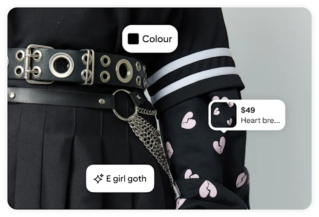An image of “E Girl goth” highlights a leather belt, a $49 heart shirt and the colour black.