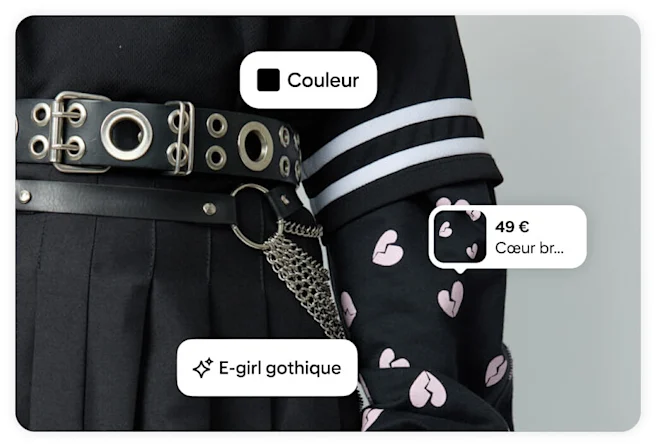 Une image de « e-girl gothique » met en avant une ceinture en cuir, une chemise avec des cœurs à 49 € et un look tout en noir.