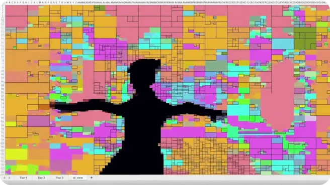 A still from the Spotify campaign that shows a silhouette of a dancing woman in front of a colourful backdrop, all made out of spreadsheet cells.