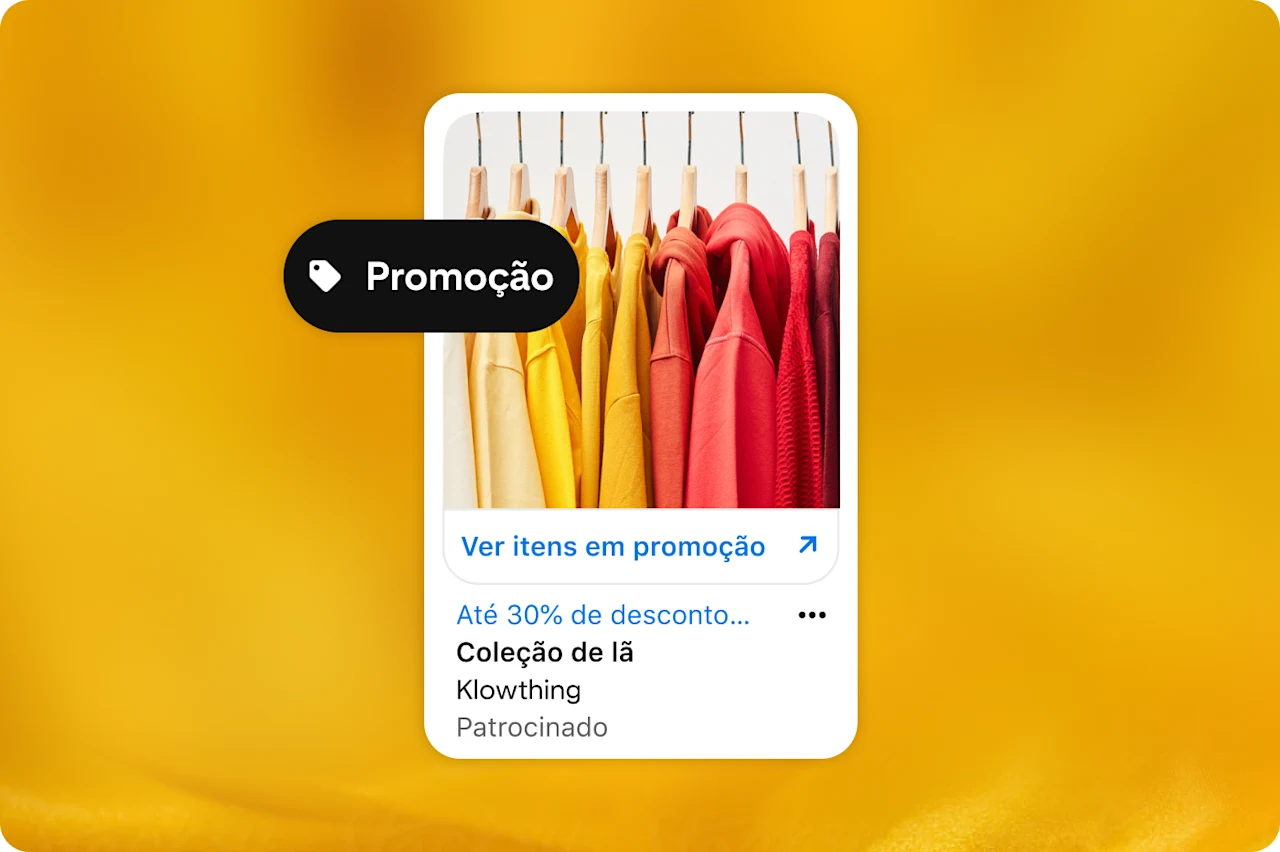 Anúncio no Pinterest mostra uma arara com casacos coloridos sobre um fundo amarelo com um ícone de etiqueta de promoção. Abaixo da imagem, há informações sobre uma promoção de 30% de desconto da empresa fictícia Klowthing.