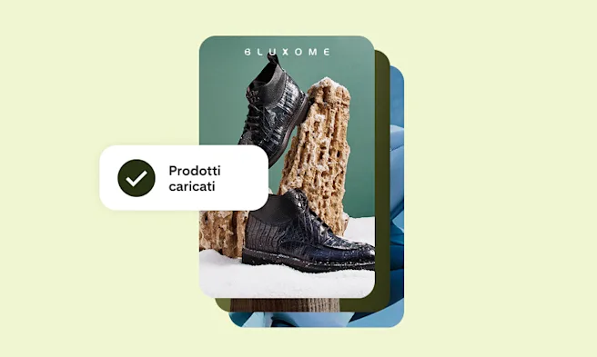 Una foto di scarpe con un segno di spunta verde e l'etichetta "Prodotti caricati"