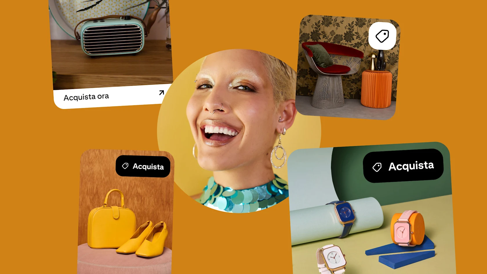 Pin per lo shopping fittizi con il pulsante "Acquista" su articoli di arredamento d'interni, accessori e orologi intorno a un'utente Pinterest sorridente.