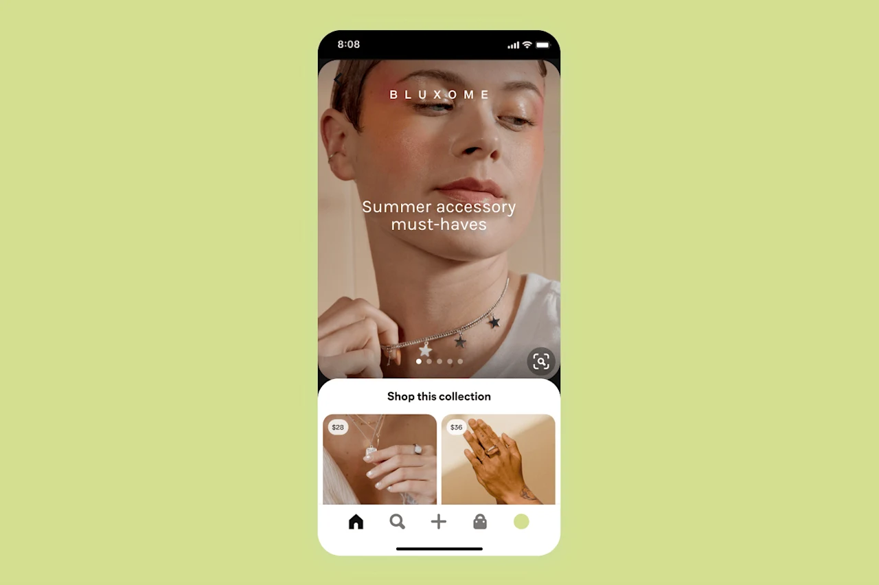 Image of a collections ad on a green background, showcasing summer accessories. It includes a woman wearing a necklace, and two close-up images of a second necklace and a ring.