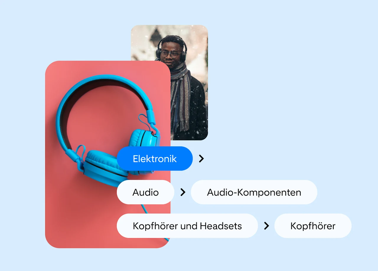 Zwei Pins, die übereinander angeordnet sind. Der erste Pin zeigt einen Mann mit Kopfhörern und auf dem zweiten sind blaue Kopfhörer vor rotem Hintergrund abgebildet. Textfelder im Bild verdeutlichen die Ebenen der Produktkategorisierung.