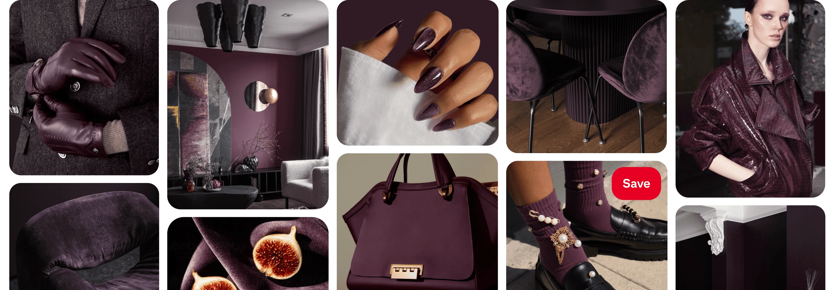 Grid of Pins with dark purple items, including gloves, chairs, figs, a manicure, socks, lipstick and walls.