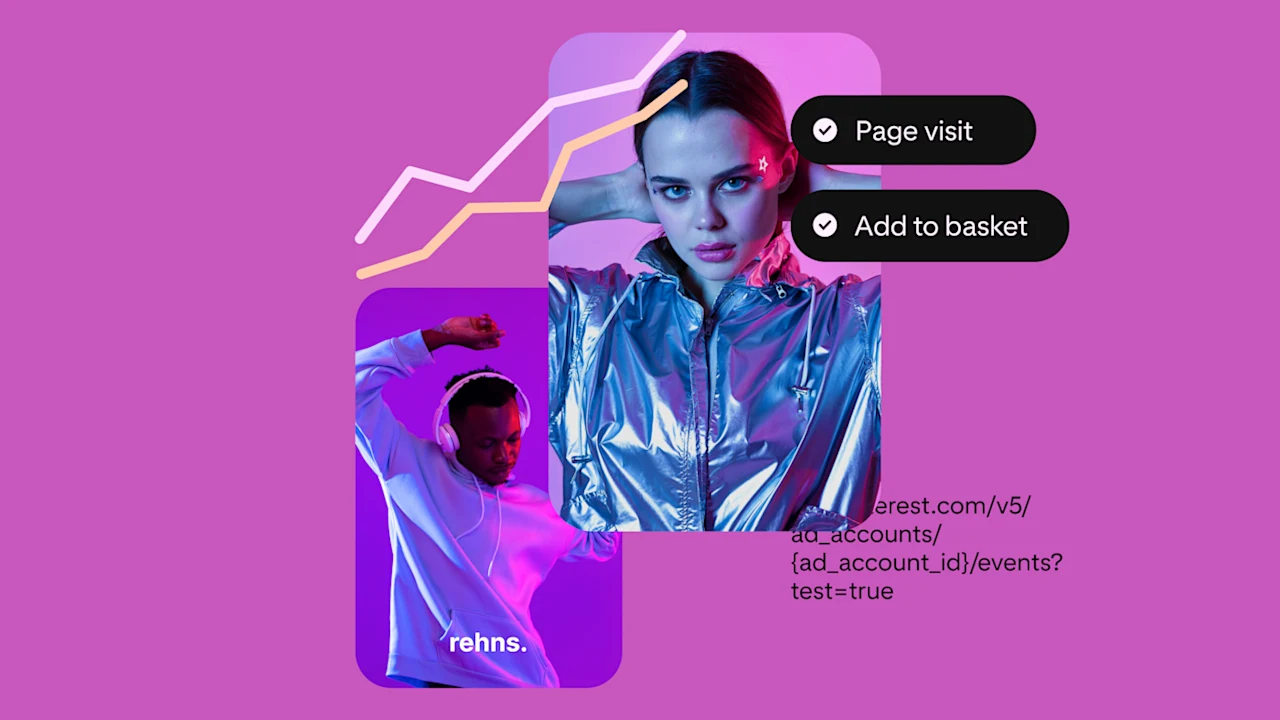 A Pin for headphones worn by a Black man in a grey hoodie who is dancing and a Pin for a metallic jacket worn by a white woman. The Pins are on a pink background. There is a 'Page visit' button and an 'Add to cart' button.
