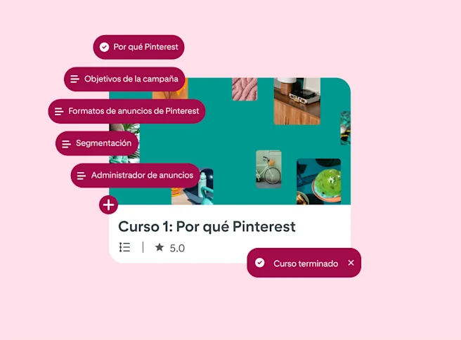 Una versión simplificada de la pantalla del curso de Pinterest Academy llamado “Curso 1: Por qué Pinterest” con 6 burbujas de texto apiladas del lado izquierdo, todas con diferentes lecciones del curso.