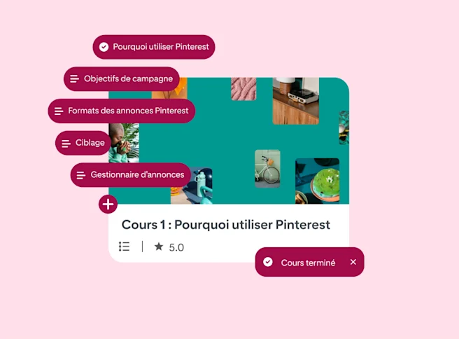 Version simplifiée de l’écran du cours de la Pinterest Academy intitulé « Cours 1 : Pourquoi utiliser Pinterest » avec 6 bulles de texte le long du côté gauche, contenant le titre des différentes leçons du cours.