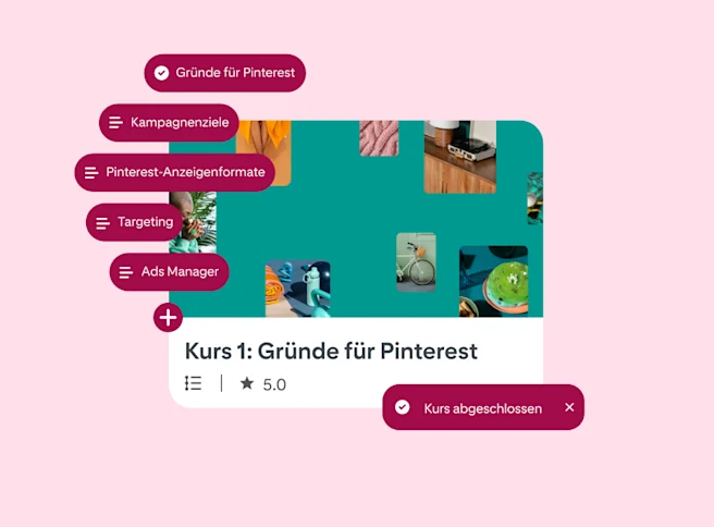 Eine vereinfachte Version des Pinterest Academy Kursbildschirms mit dem Titel „1.: Gründe für Pinterest” mit 6 Textblasen auf der linken Seite, die alle verschiedene Lektionen des Kurses anzeigen.