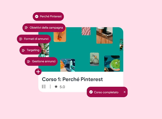 Una versione semplificata della schermata del corso Pinterest Academy intitolata "Corso 1: Perché Pinterest" con 6 fumetti allineati sul lato sinistro, tutti con lezioni diverse del corso.