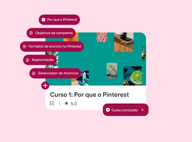 Uma versão simplificada da tela do curso do Pinterest Academy, chamado “Curso 1: Por que o Pinterest”, com 6 balões de texto dispostos verticalmente no lado esquerdo, mostrando as diferentes lições do curso.