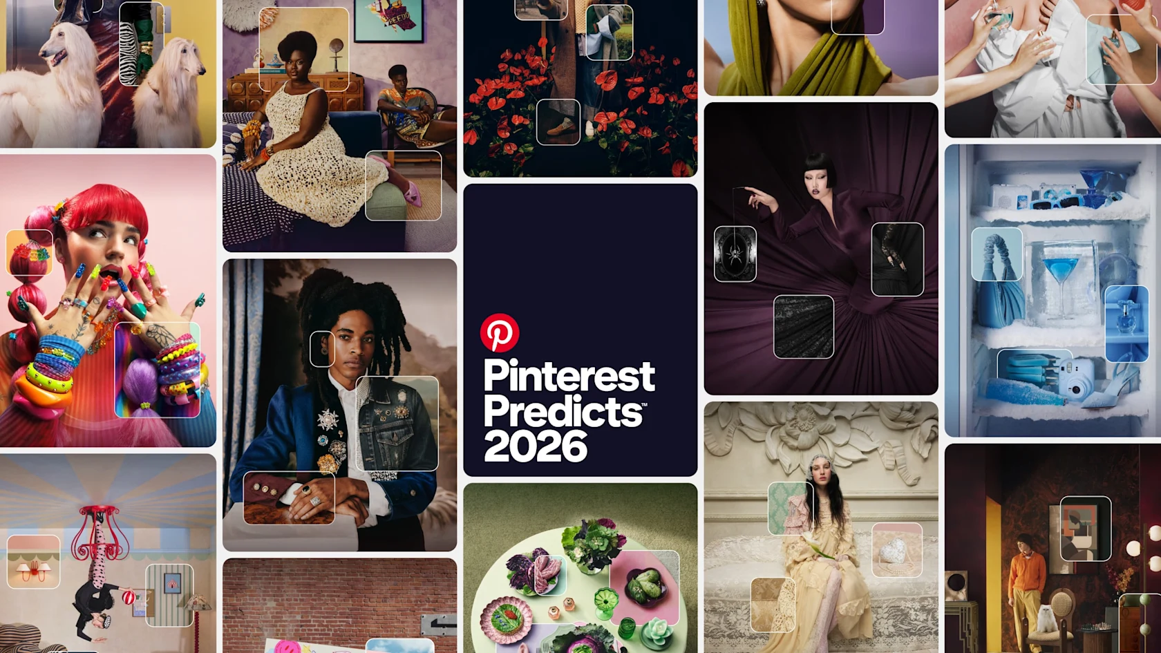 「ブローチ・リバイバル」や「ヴァンパイア・ムード」など、Pinterest Predicts 2026 のトレンドを格子状に並べた画像。中央にダークブルーの長方形があり、白いフォントで「Pinterest Predicts 2026」と書かれています。