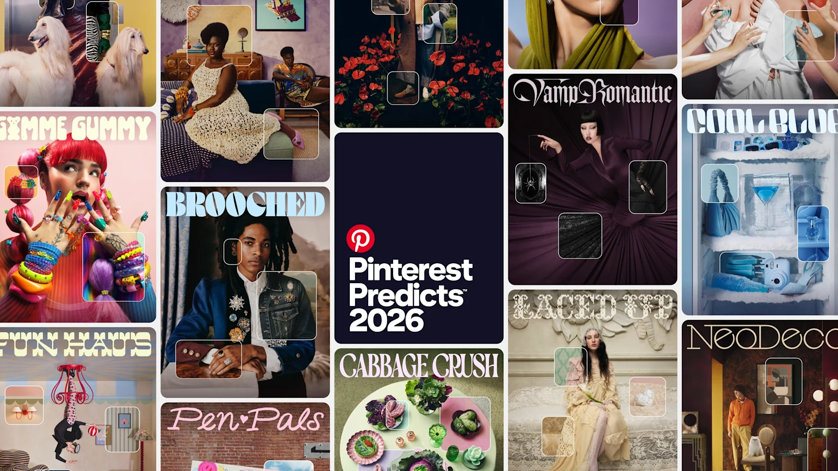 A grid of images shows some of the Pinterest Predicts 2026 trends, like Brooched and Vamp Romantic. In the middle a dark blue rectangle reads, “Pinterest Predicts 2026” in white font.