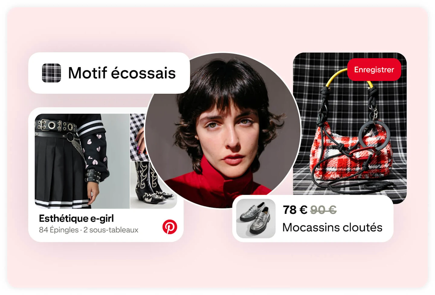 La photo de profil d’une utilisatrice est entourée d’Épingles pour des mocassins cloutés, un sac à main à carreaux et un tableau intitulé « Esthétique E-girl ».