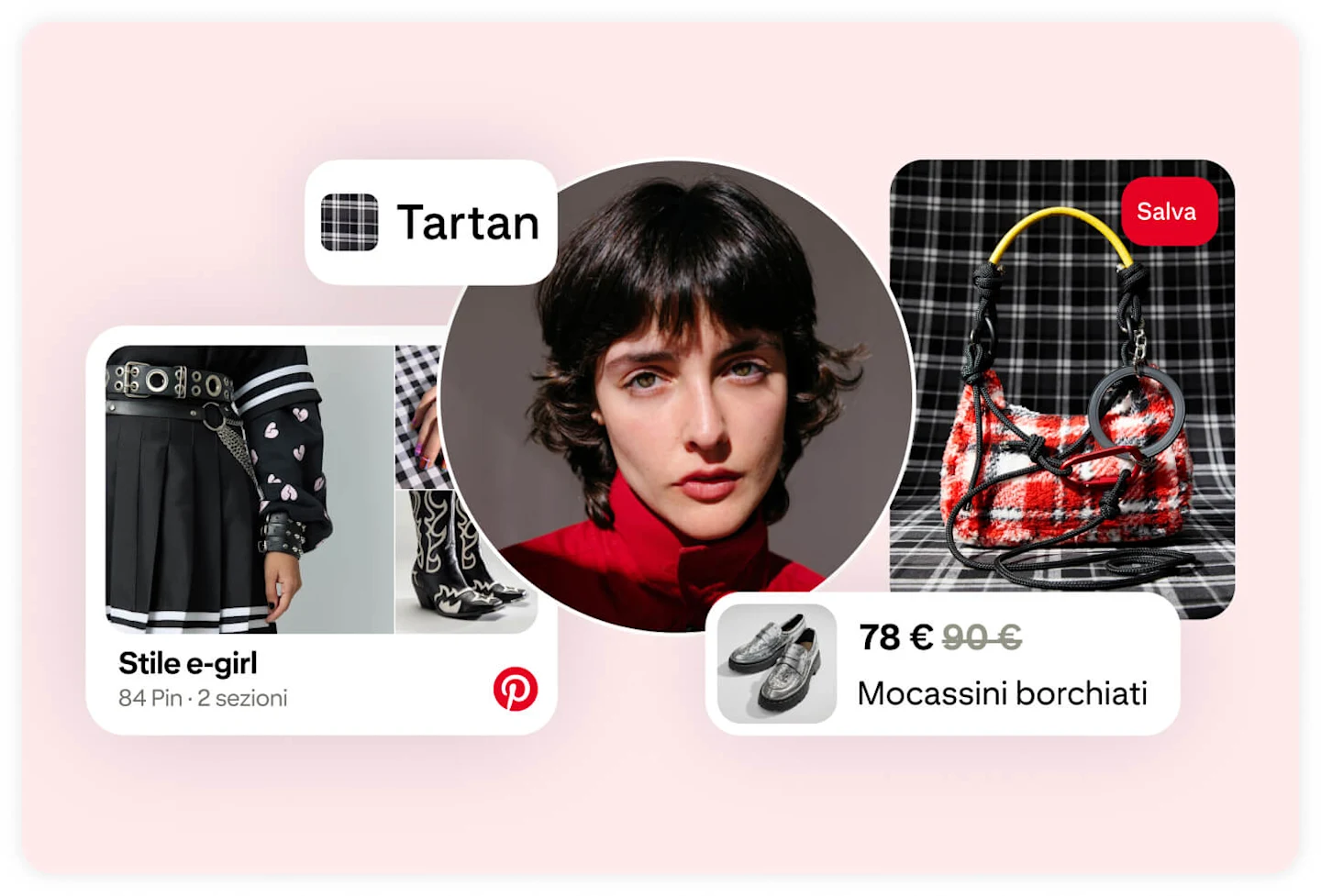 Immagine del profilo di un'utente circondata da Pin con mocassini borchiati, una borsa tartan e una bacheca intitolata "Estetica e-girl".