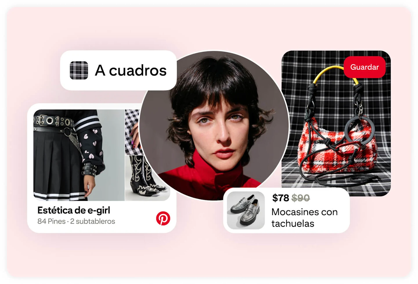 Una foto del perfil de un usuario está rodeada de Pines de mocasines con tachuelas, un bolso a cuadros y un tablero con el título “Estética de e-girl”.