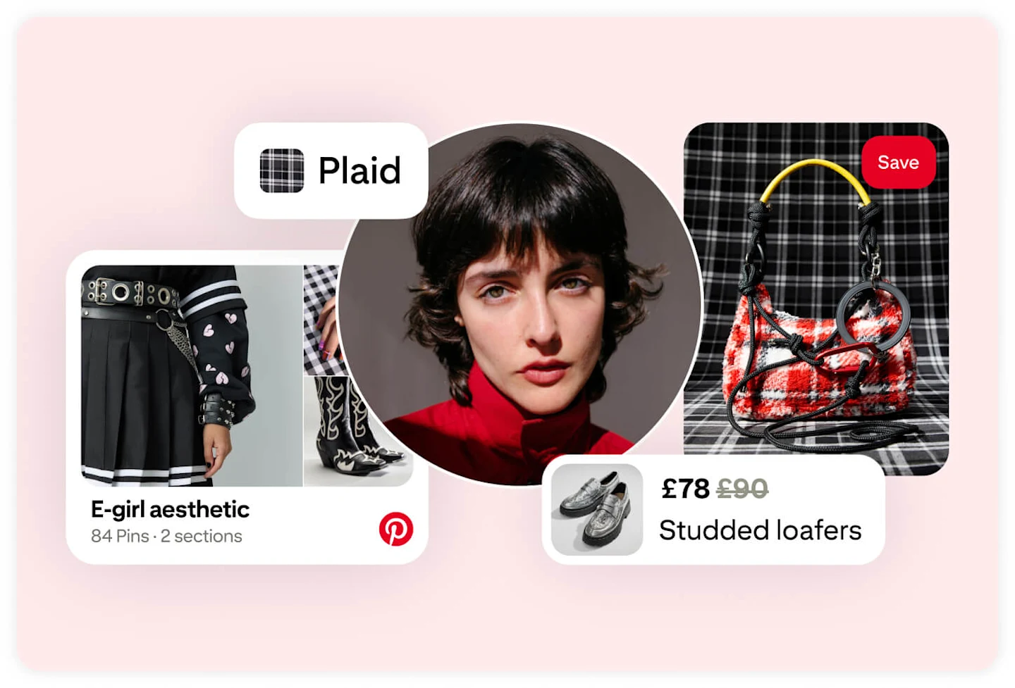 A profile picture of a user is surrounded by Pins for studded loafers, a plaid bag and a board titled ‘E-girl aesthetic’.