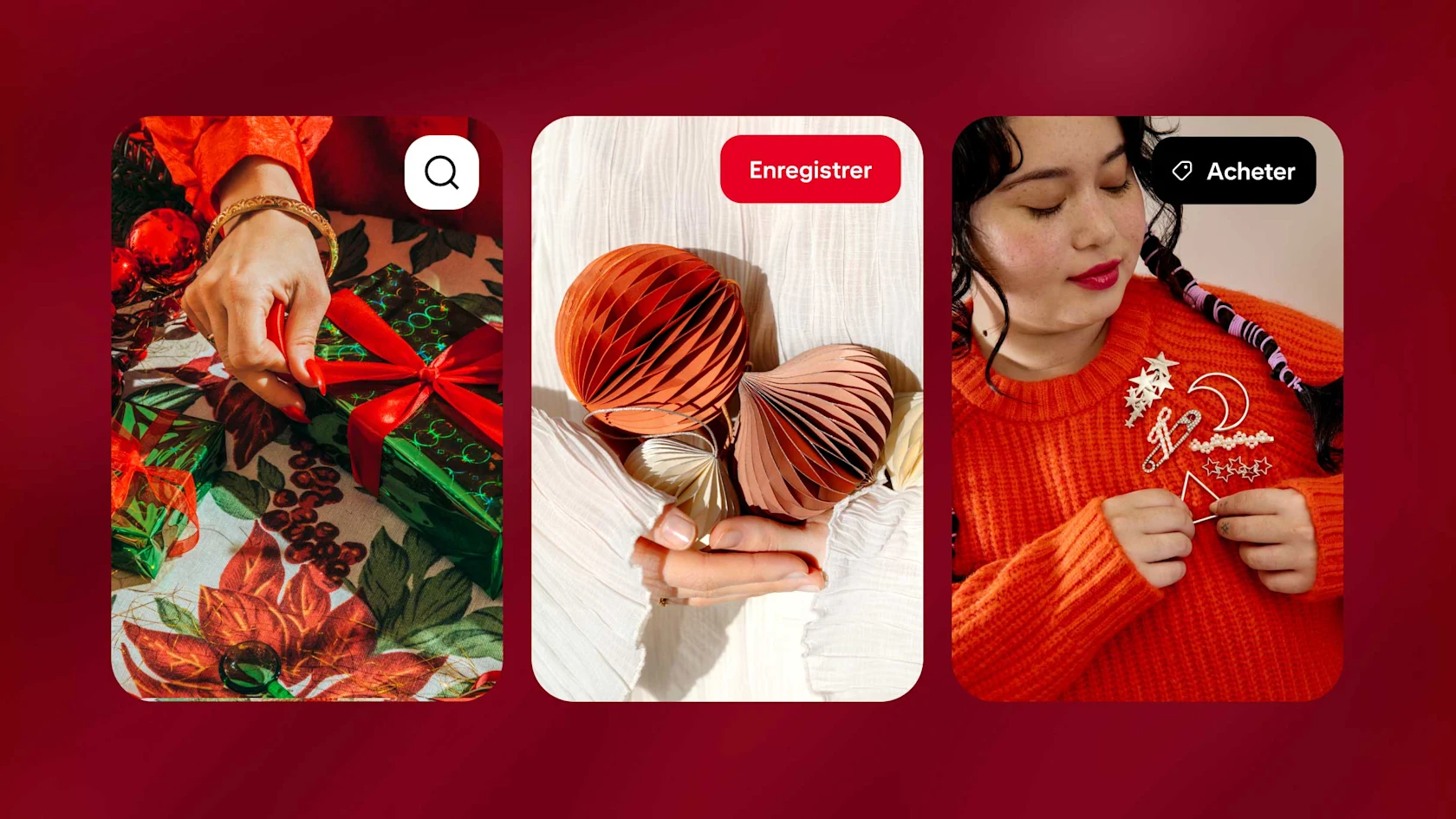 Trois Épingles fictives sur Pinterest : une main nouant un ruban rouge sur un coffret cadeau vert, des mains tenant des décorations en papier et une femme en pull orange épinglant des broches festives.