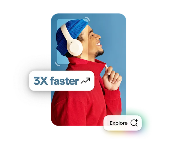 A Pin showing a man wearing a blue hat and white headphones. The words “3X faster” and “explore” also appear overlaid.