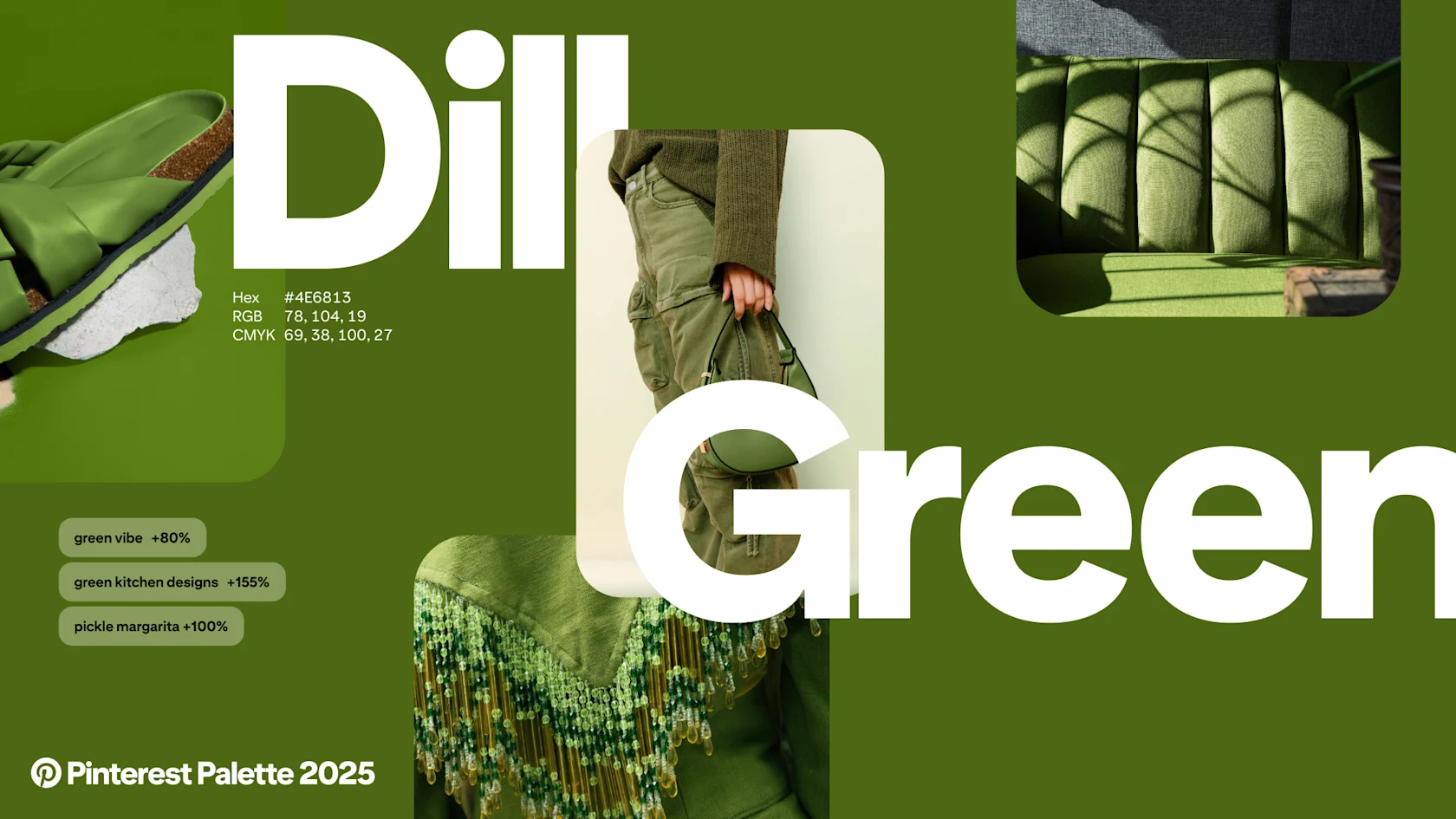 Pins, search terms and colour values help to illustrate the Dill Green colour.