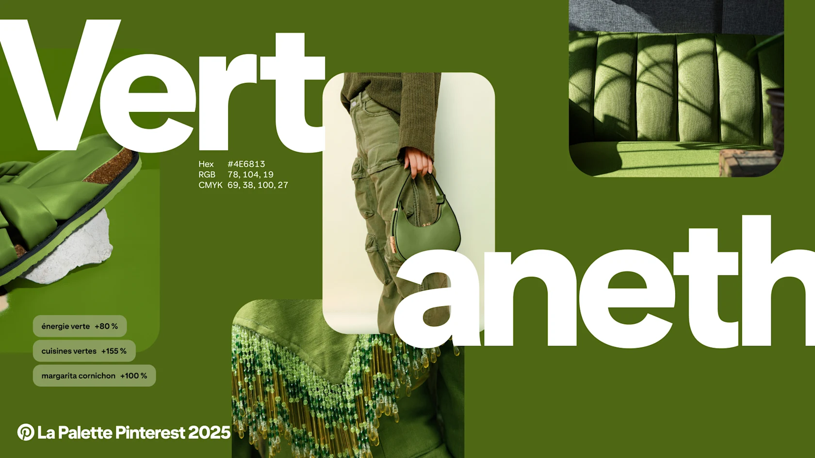 Épingles, termes de recherche et valeurs chromatiques aidant à illustrer la couleur vert aneth.