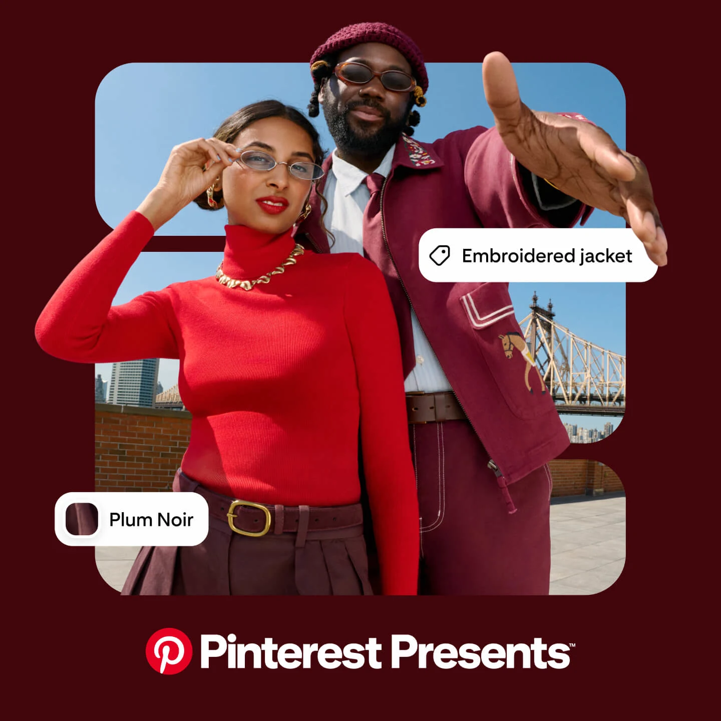 Promotional graphic with Pinterest Presents hosts Pooja Tripathi and DJ Daughtry on a New York City rooftop, in a dark maroon frame. White overlay boxes read “Embroidered jacket” and “Plum Noir.” The text “Pinterest Presents” appears below in bold white.