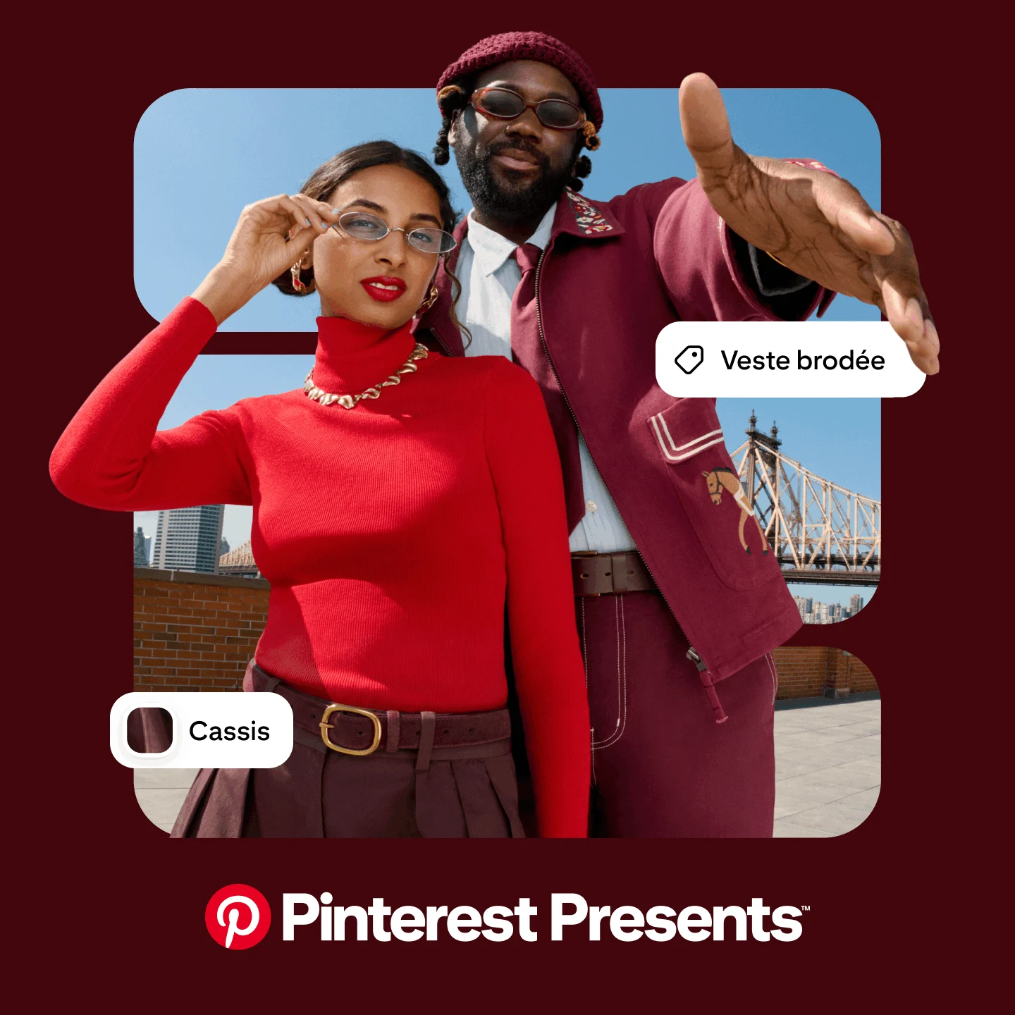 Graphique promotionnel avec les animateurs Pinterest Presents, Pooja Tripathi et DJ Daughtry, sur un toit à New York, sur fond marron foncé. Cases blanches superposées, on lit Veste brodée et Cassis. Pinterest Presents apparaît en gras, en blanc dessous.
