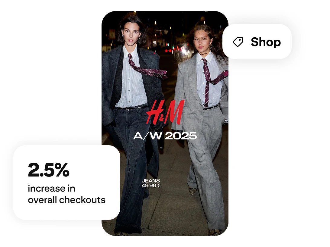 Two models walking with an H&M 2025 overlay, a shop label and a 2.5% increase in overall checkouts label