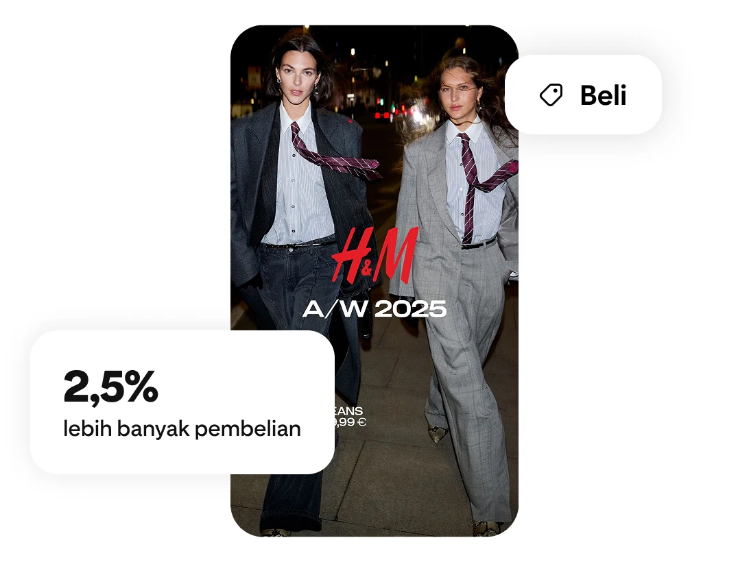 Dua model berjalan dengan overlay H&M 2025, label toko, dan label peningkatan 2,5% dalam total checkout