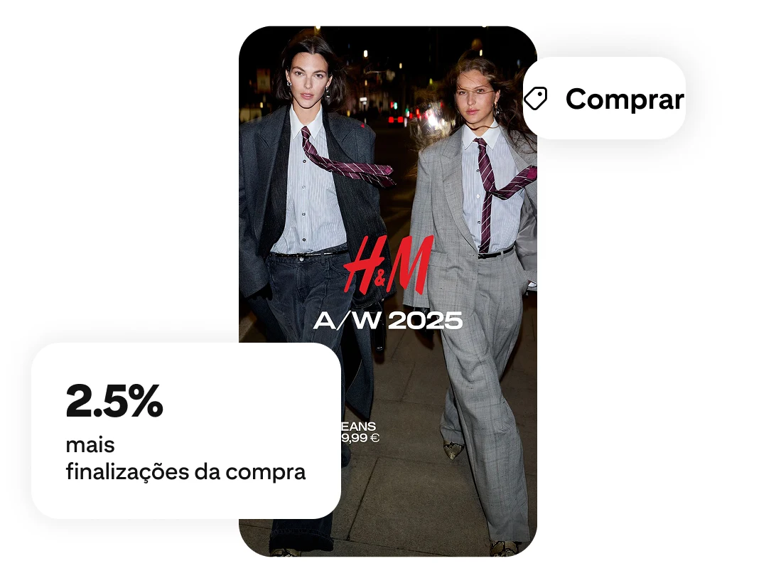 Duas modelos caminham com a inscrição H&M 2025 sobreposta, um selo de "Comprar" e outro indicando um aumento de 2,5% no total de finalizações da compra.