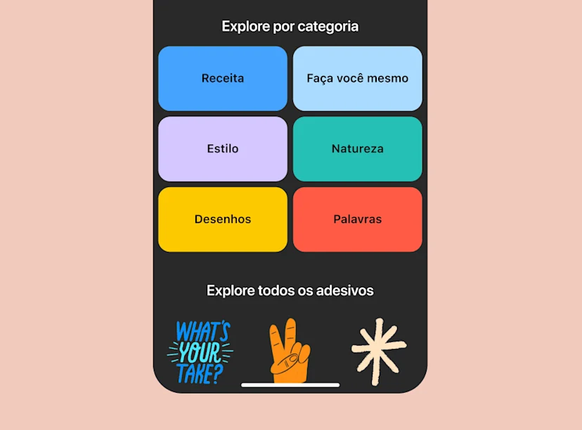Uma ferramenta de publicação de adesivos com categorias a explorar: receita, faça você mesmo, estilo, natureza, desenhos e palavras, com exemplos e uma chamada para ação na parte inferior para explorar todos os adesivos