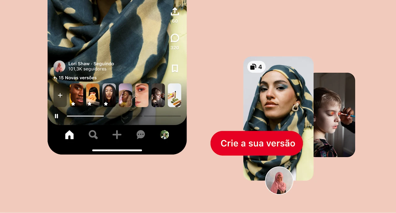 Vista de perto de um lenço azul e bege no perfil de Lori Shaw, acompanhada de um Pin com uma mulher usando o lenço, uma garota com sombra alaranjada aplicada nas pálpebras com a sobreposição de texto, crie a sua versão