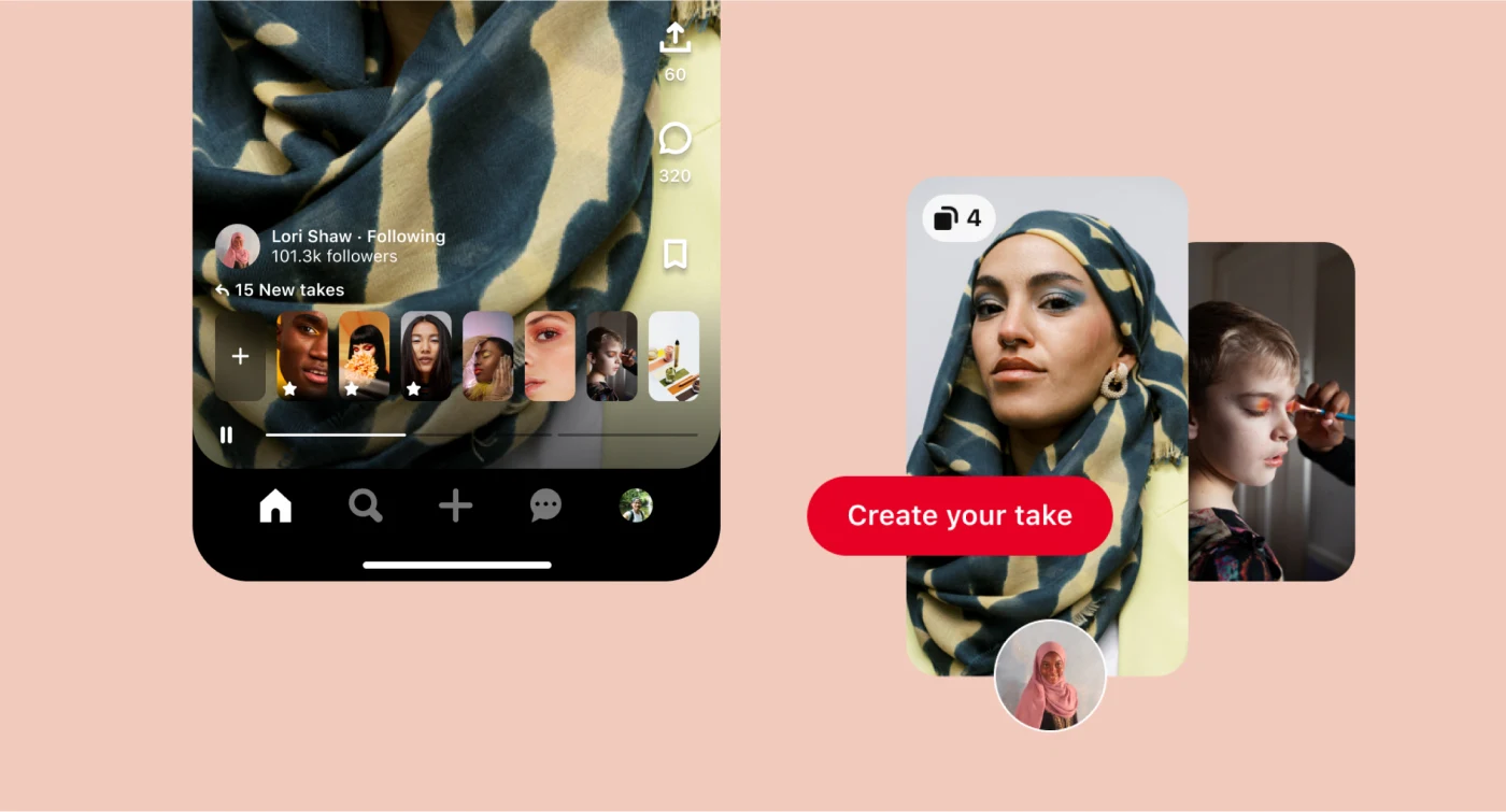 Moody close-up of a blue and tan-coloured scarf on Lori Shaw’s Pinterest profile, along with a Pin of a woman wearing the scarf and a young girl having orange make-up applied to her eyelids with a text overlay saying ‘Create your take’